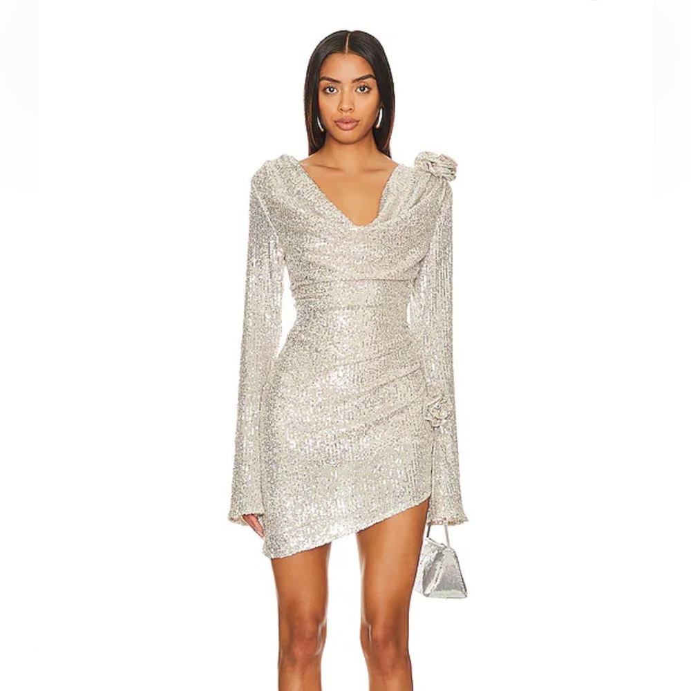 For Love & Lemons NWOT Tia Mini Dress in silver 2X 16/18 sequin long sleeve